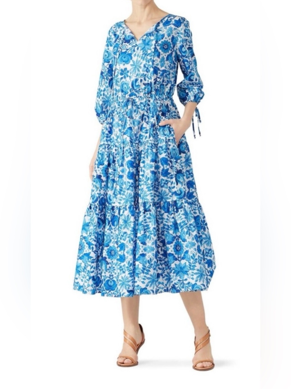 M.D.S. Stripes (by Mark Sikes) Blue Floral Tiered Midi Dress with V-Neck